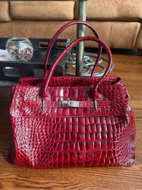 Croc-Embossed Red Leather Tote with Top Handles